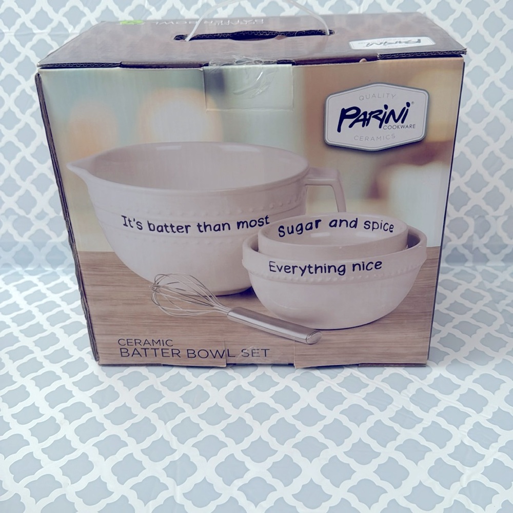 Parini 3 Pc White Ceramic Batter‎ Mixing Bowl Set. New